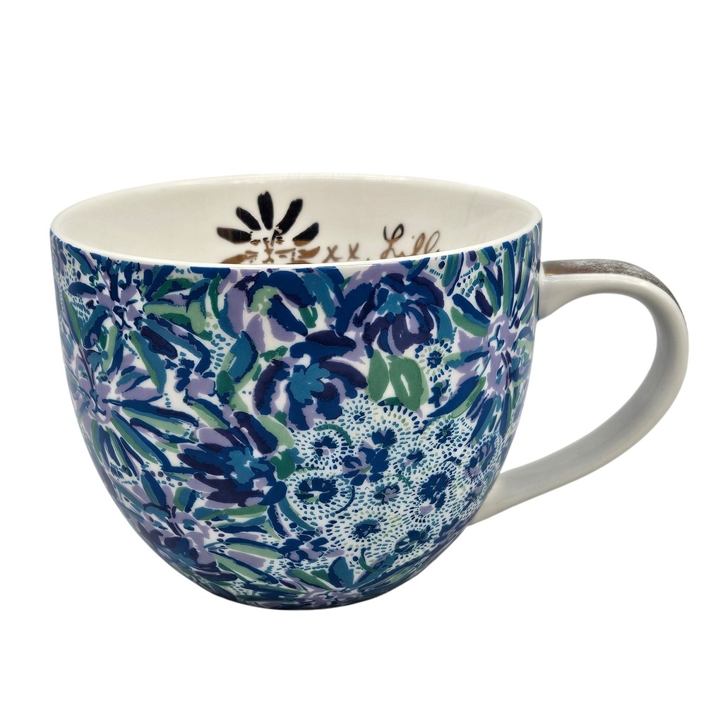 Lilly Pulitzer Floral Ceramic Coffee Mug Blue Purple Green Gold Trim Handle
